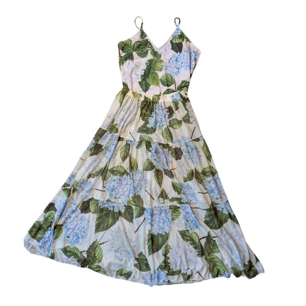 Hydrangea Print Swimsuit & Tiered Maxi sheer Skirt Set Womens L/OS Blue White